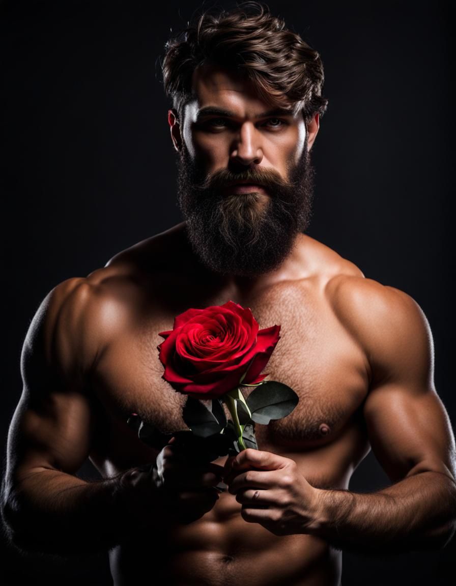 Attractive Bearded Man with Rose on Dark Background