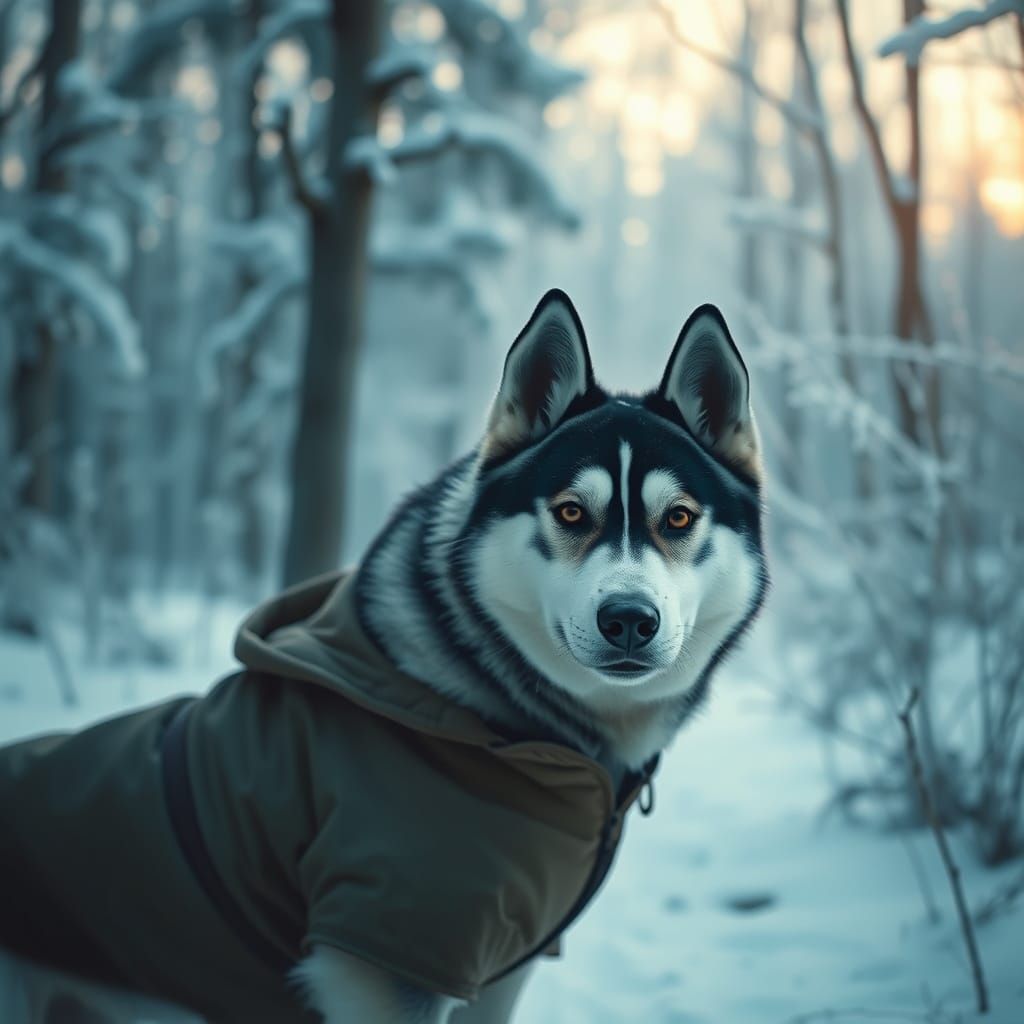 Winter Husky in a Snowy Forest Landscape