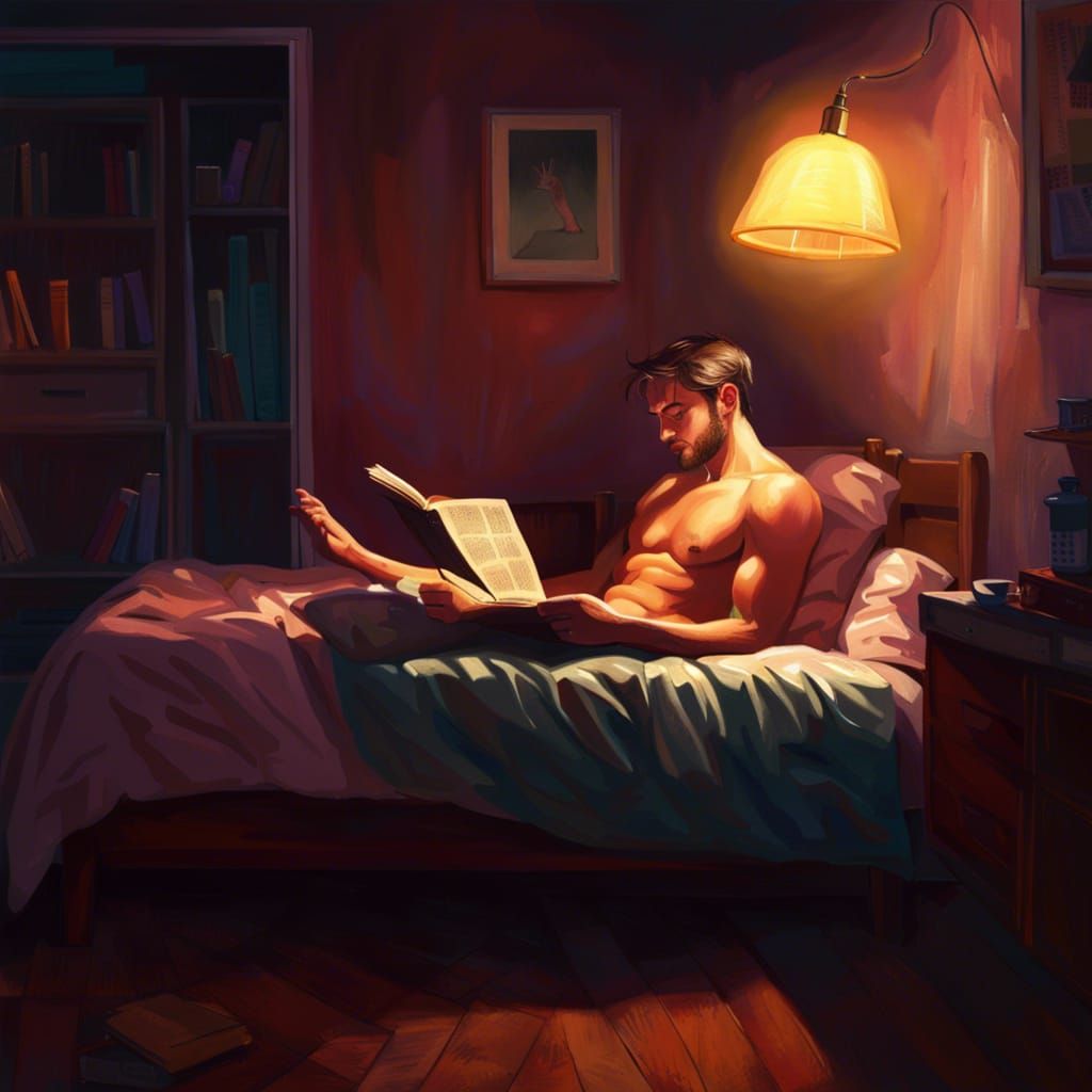 Hyperrealistic Man Reading in Bed at Night