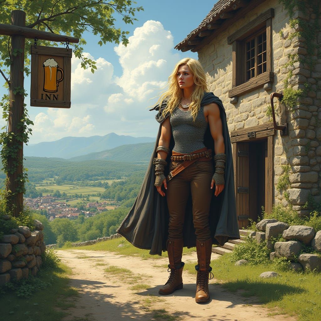 Strong Warrior Woman Stands Outside Rustic Inn in Medieval L...