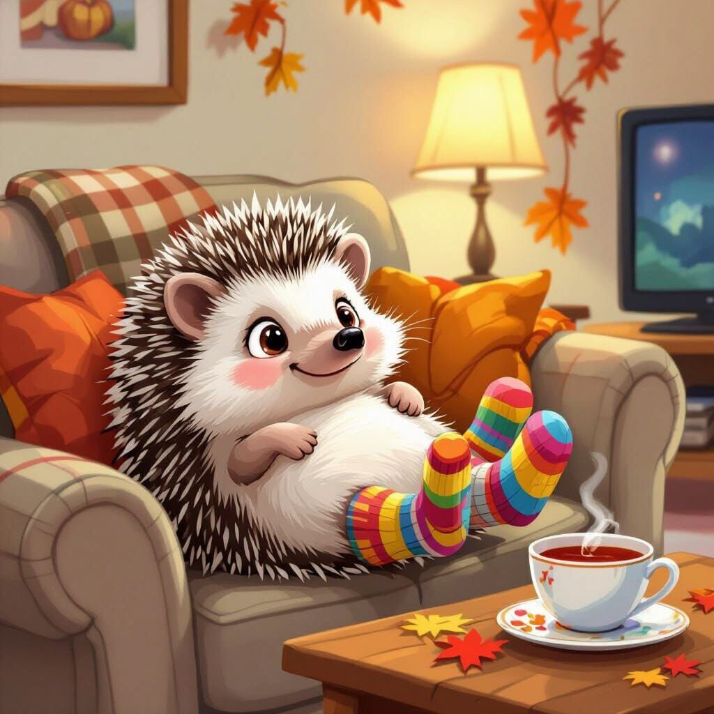 Cute Hedgehog in Cozy Socks Watches TV in Autumn Living Room