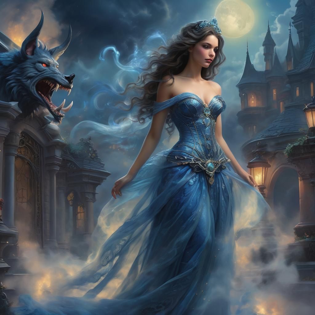 Ethereal Evil Princess Portrait in Blue Neon Mist