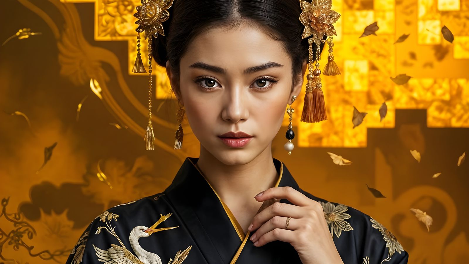 Japanese Concubine Portrait in Klimt-Style Gilded Expression...