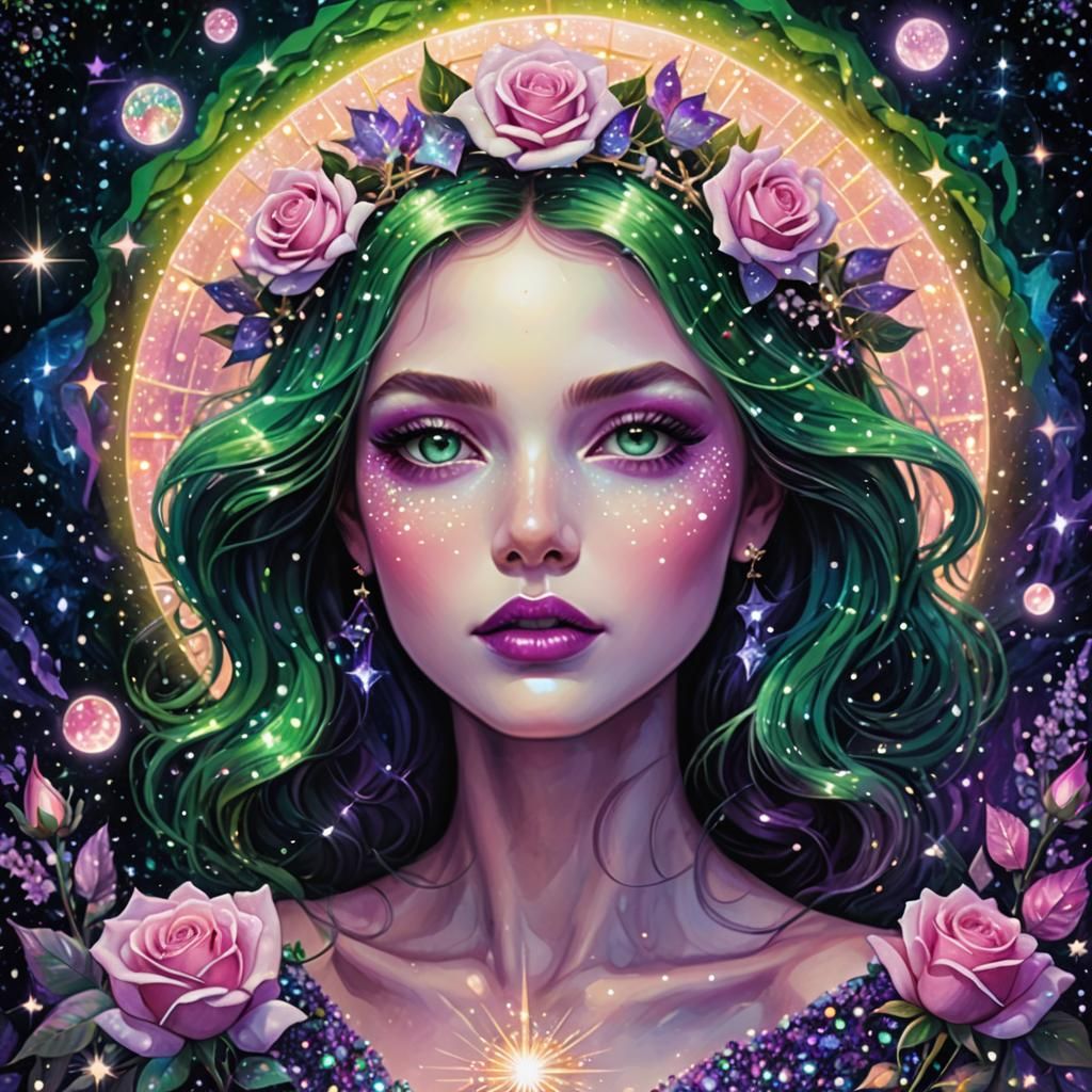 Cosmic Woman with Rose Halo in Astral Illustration
