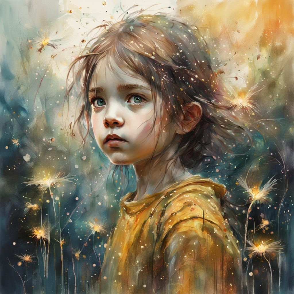 Girl in Firefly Field: Whimsical Oil Painting