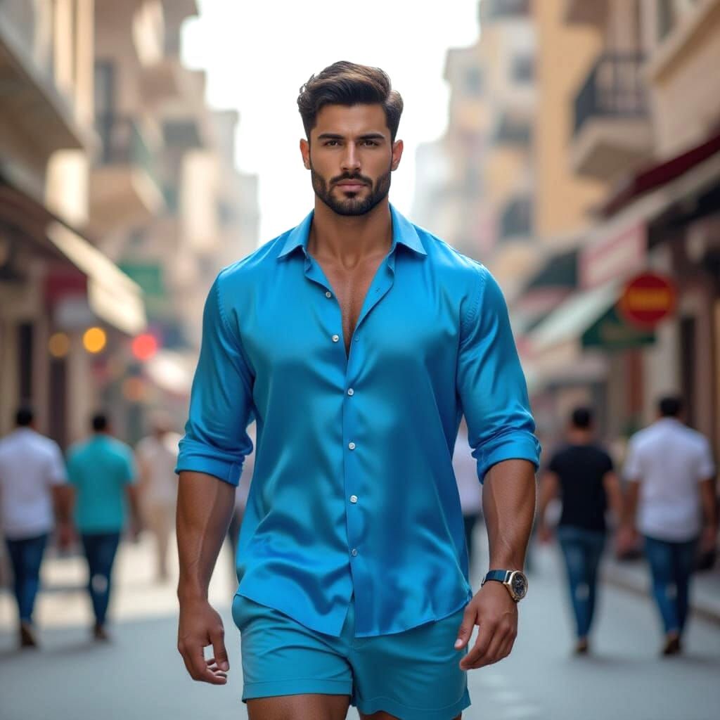 Muscular Man in Silk Strolling City Street