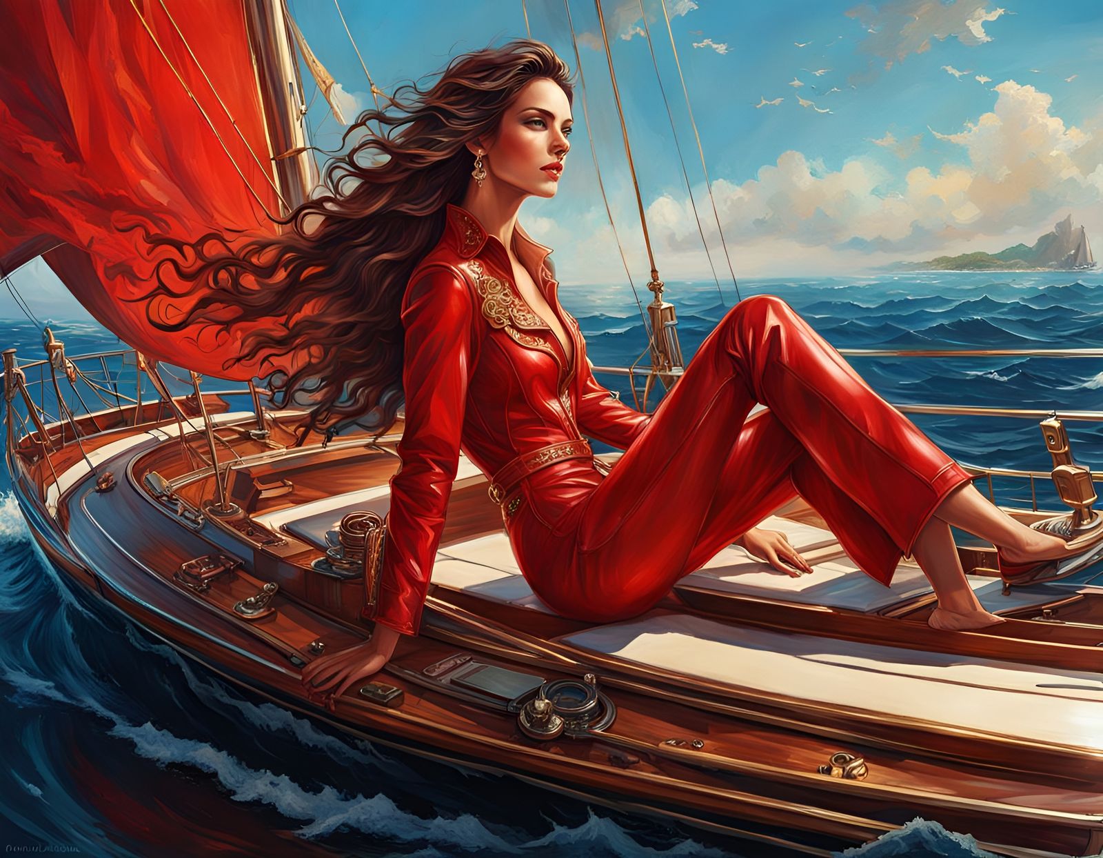 Brunette in Red Jumpsuit on Caribbean Yacht