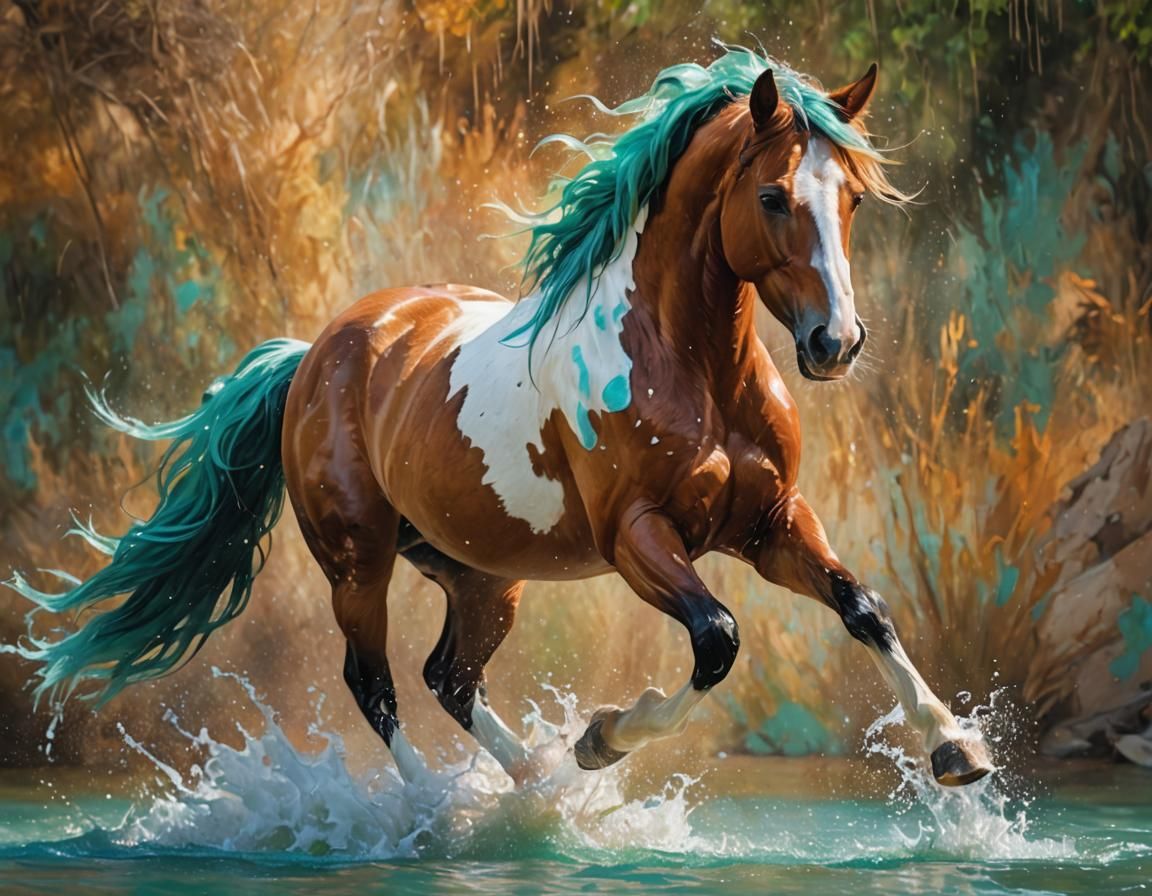 Skewbald horse splashing in water
