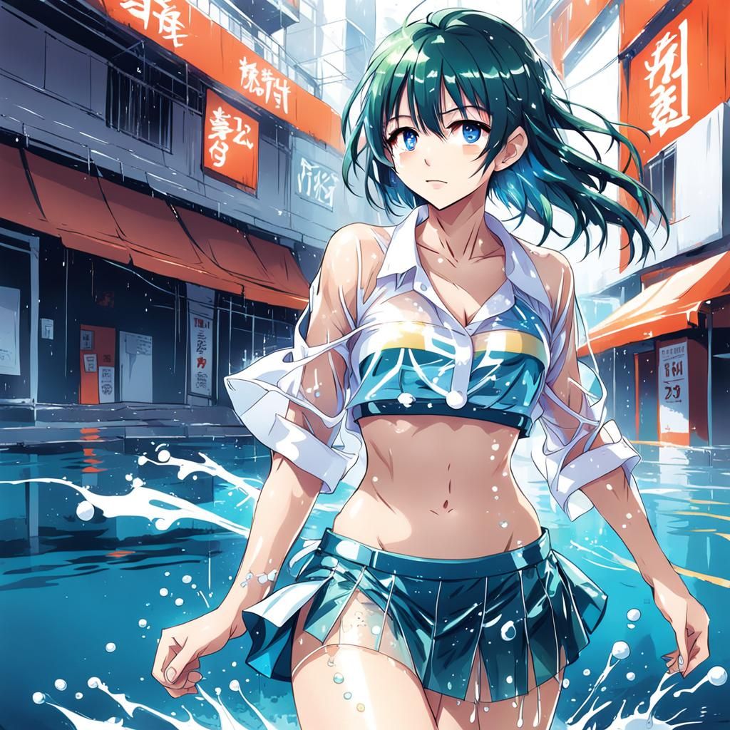 Anime Girl in Wet Bikini: Manga Style Illustration