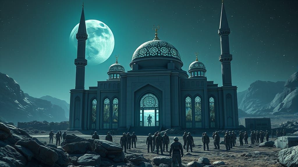Futuristic Mosque on Alien Planet with Space Marines