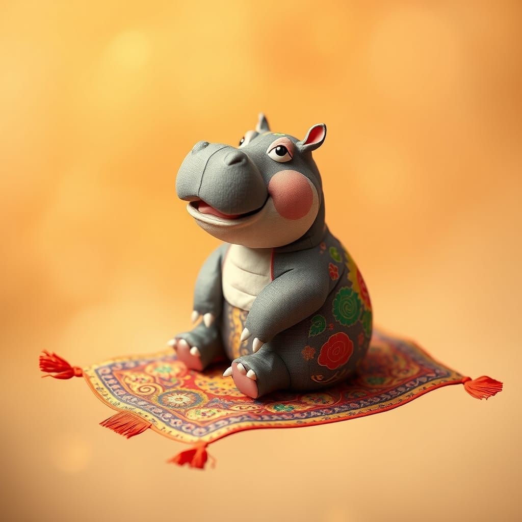 Joyful Hippo Rides Flying Carpet in Dreamlike Mist