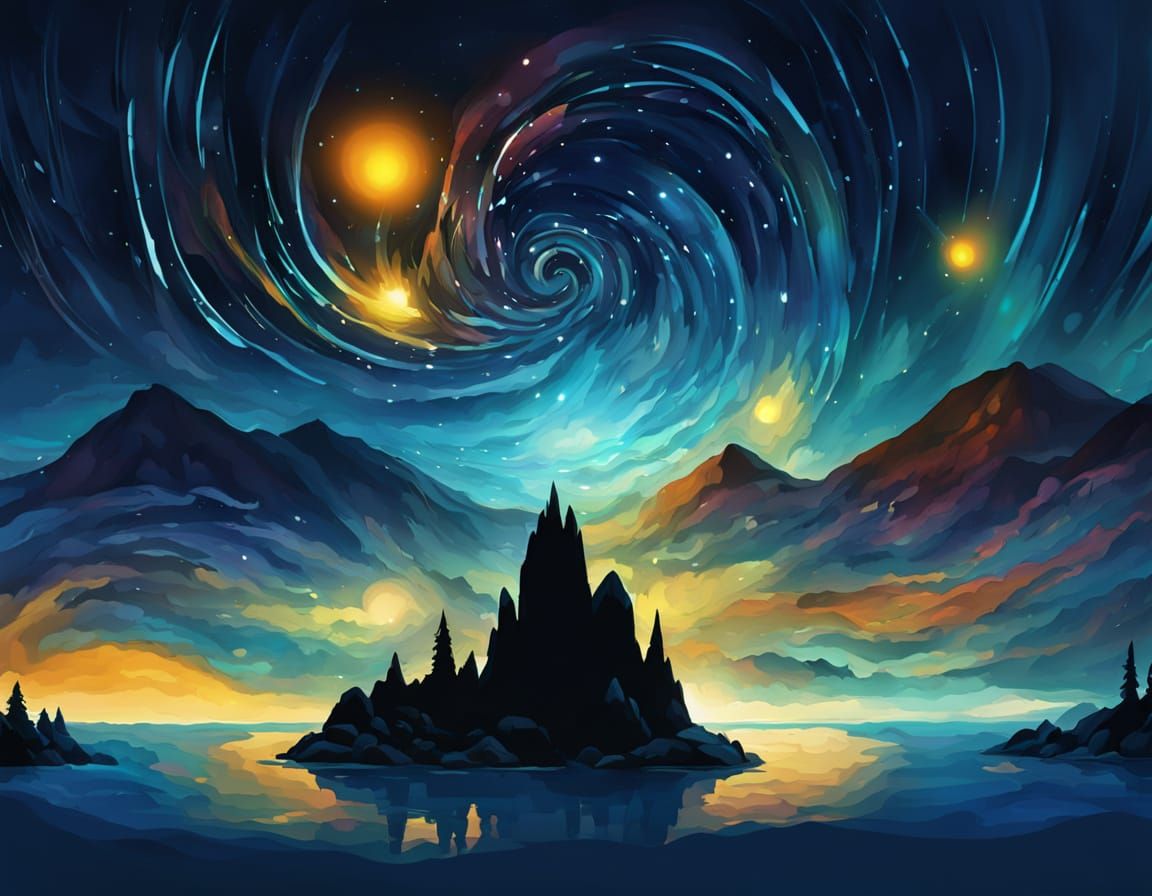 Whimsical Starry Galaxy Above a Serene Mountain Lake