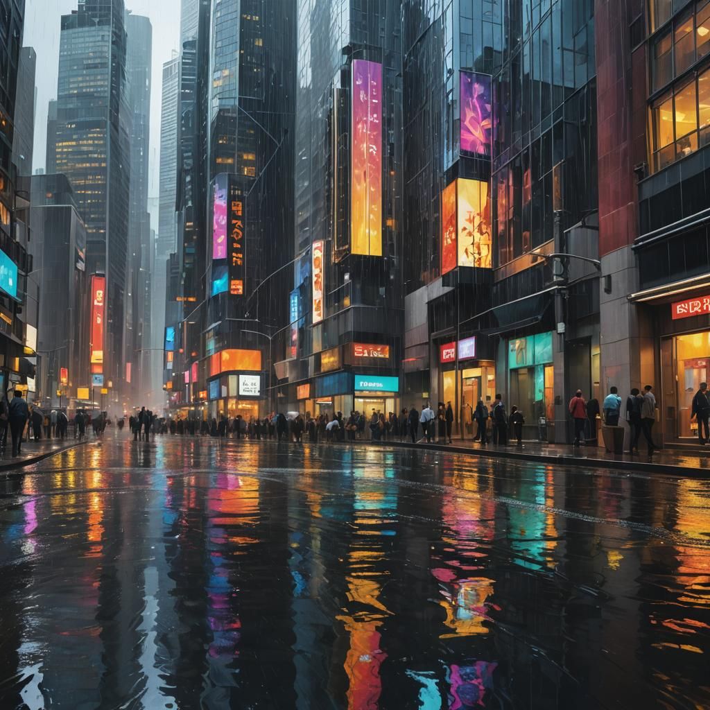 Hyperrealistic Skyscrapers Reflecting Wet City Scene