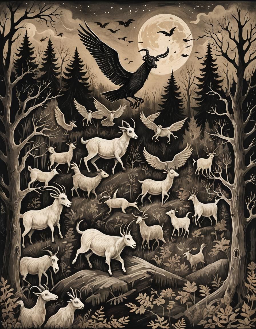 Eerie Folk Art Woodcut: Goat Demons Over Salem