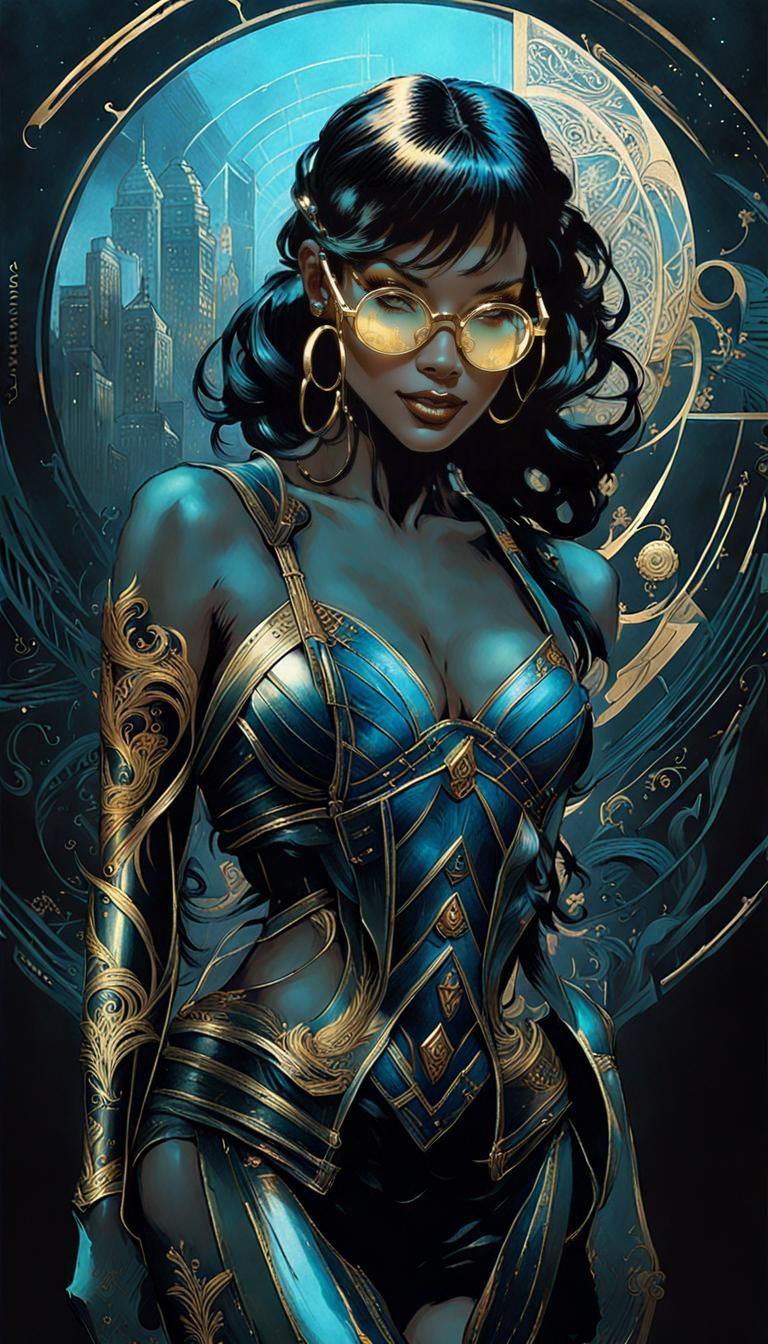 Art Nouveau Nude Librarian in Cyberpunk Library