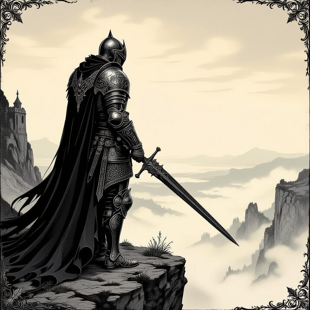 Dark Fantasy Knight on Cliff in Woodcut Style