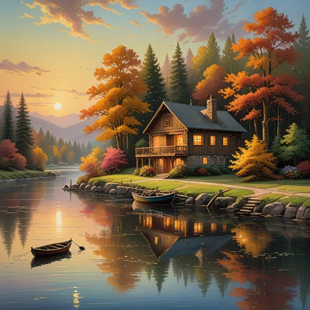 Serene Autumn Landscape with River in Kinkade Style