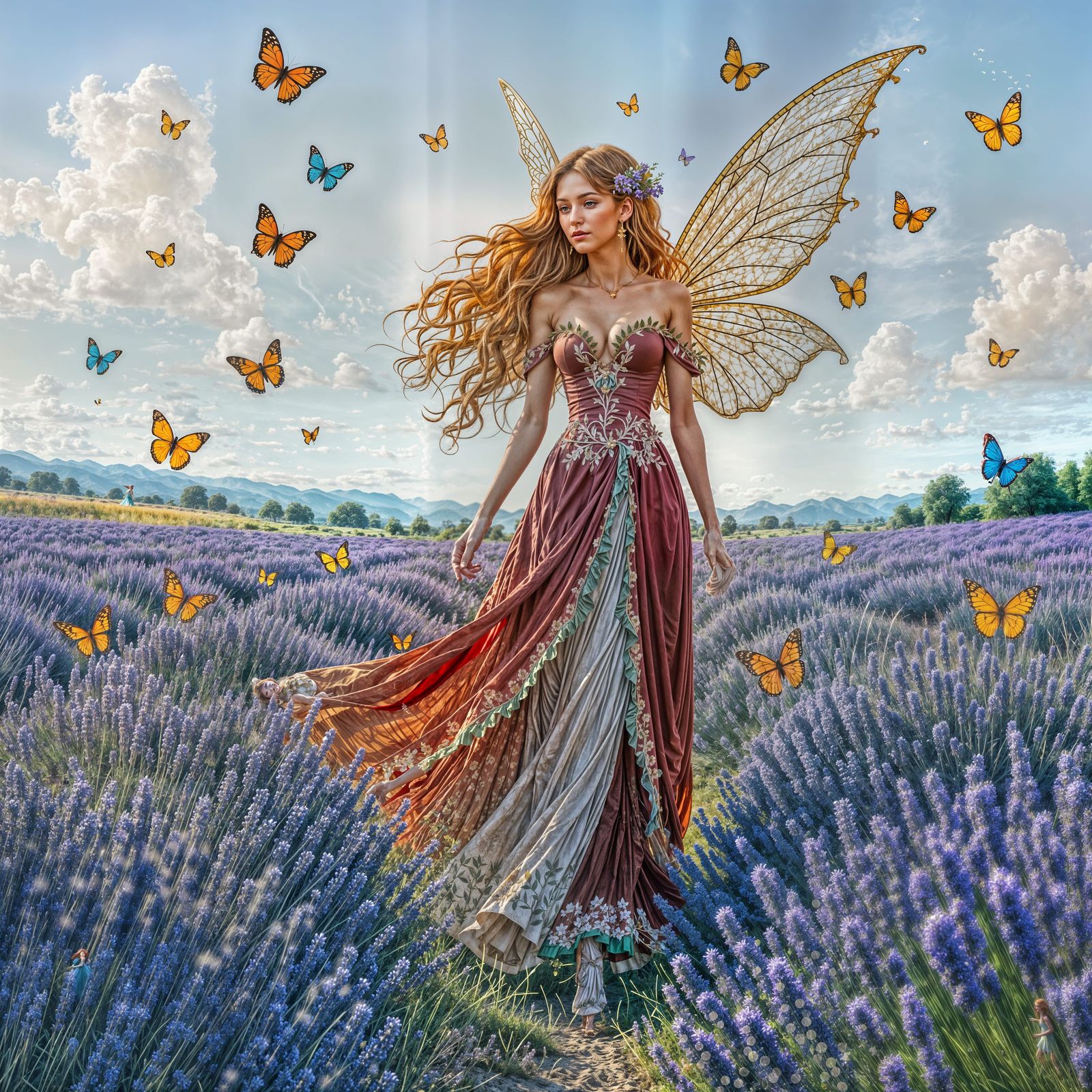 Fairy in Lavender Field with Gold Wings
