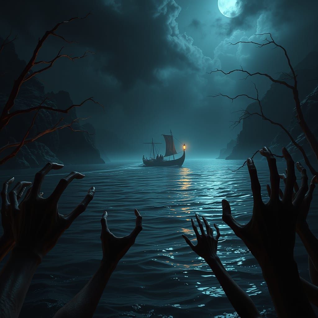 Ferryman Emerging from the Underworld's Dark Waters in a Hau...