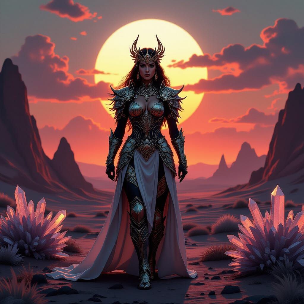Majestic Warrior Queen on Alien Planet in Dark Fantasy Style