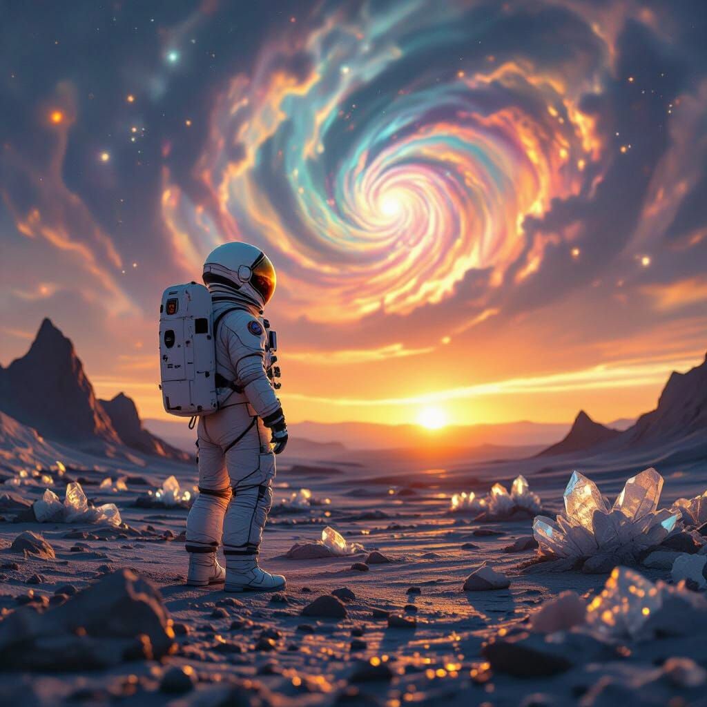 Astronaut on Alien Planet Gazing at Nebula