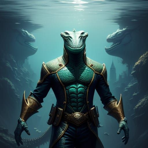 Underwater City with Crocodile People: Hyperrealistic Art