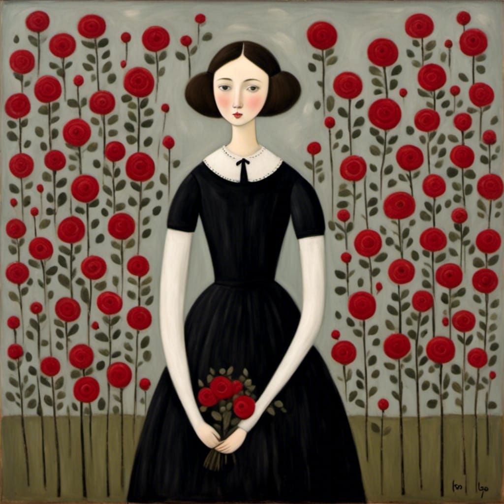 Lady with Roses in Naive Art Style