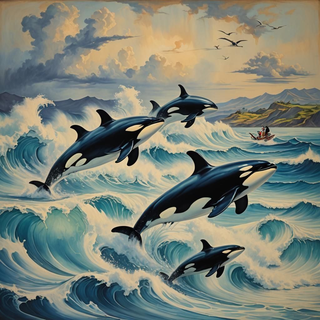 Killer Whales Surfing in Hawaii: Surrealist Oil Painting