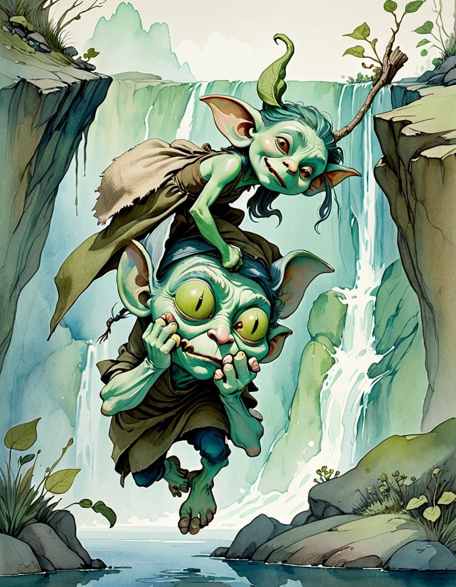 Whimsical Goblins Tumble Down a Rocky Cliff in Watercolor Dr...