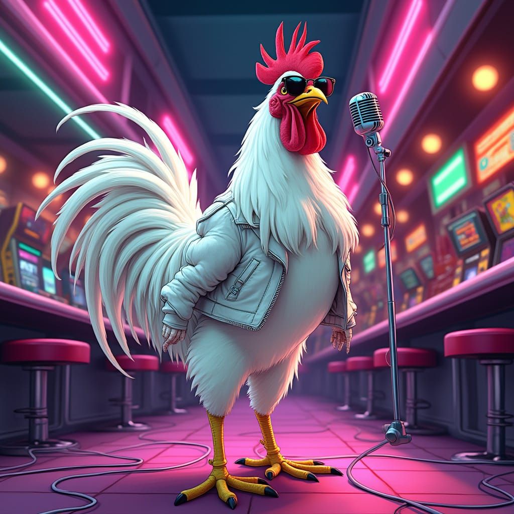 Vibrant Neon Rooster Rocks the Retro Karaoke Stage