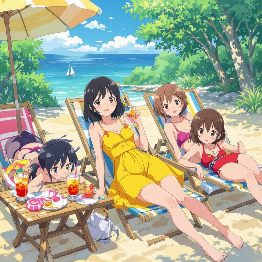 Anime Girls Sunbathing: Vibrant Watercolor Beach Scene