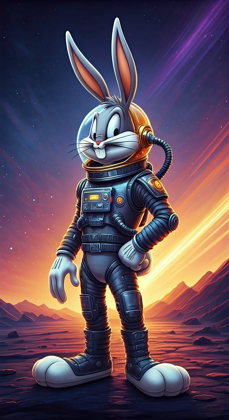 Bugs Bunny in Futuristic Space Suit, Heroic on Alien Planet