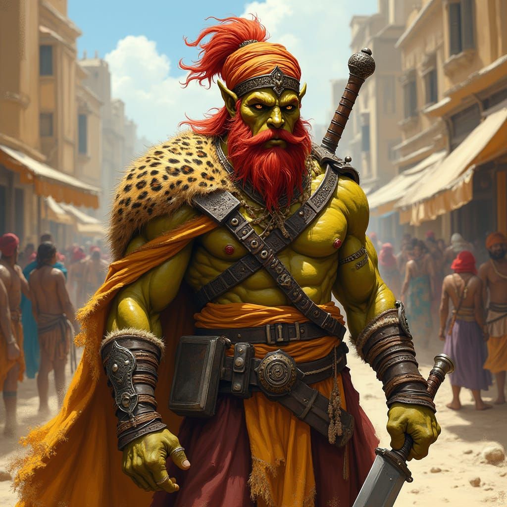 Orc Warrior in Desert Marketplace, Fantasy Art