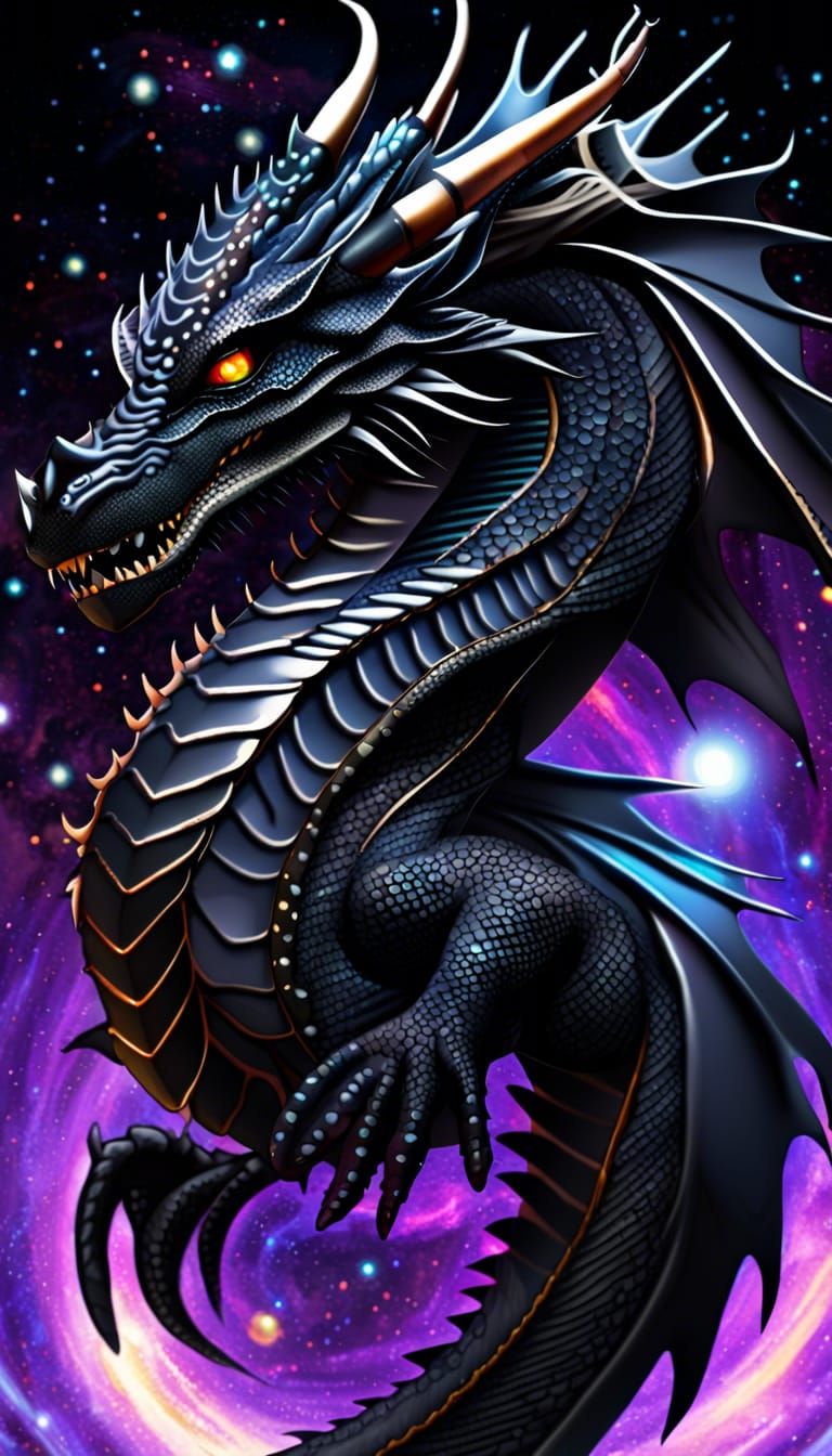 Galactic Black Dragon Soaring Through Space