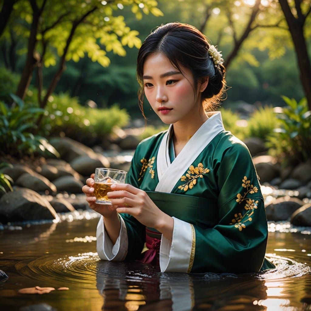 Elegant Korean Woman in Hanbok Drinking by Serene Stream in ...