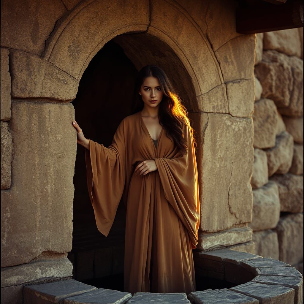 Woman at Ancient Well in Cinematic Style