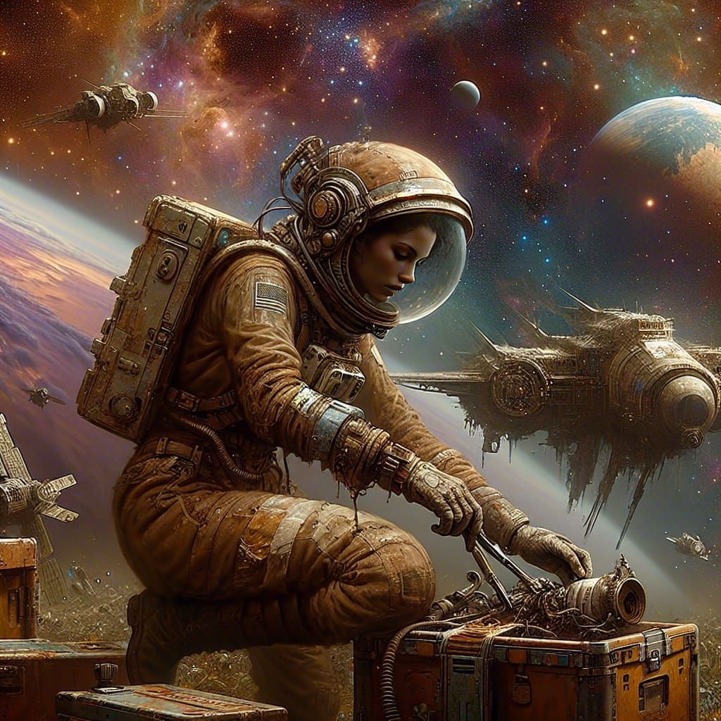 Hispanic Steampunk Astronaut Salvages Derelict Spacecraft