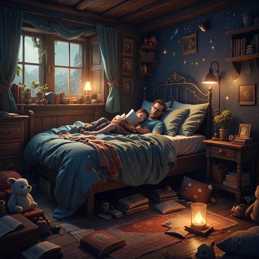 Cozy Bedtime Story Scene: Detailed Matte Painting