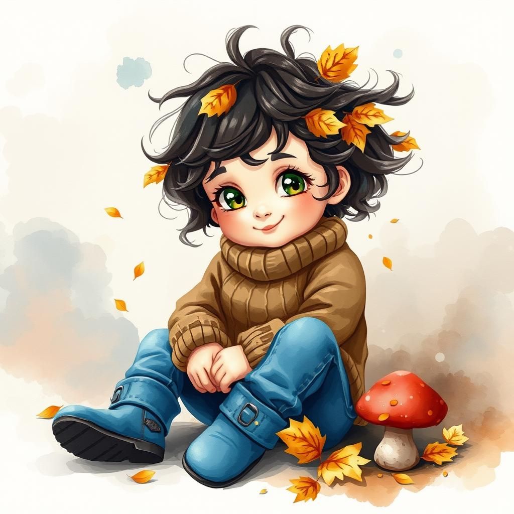Cute Toddler Girl with Autumn Leaves, Watercolour Clipart