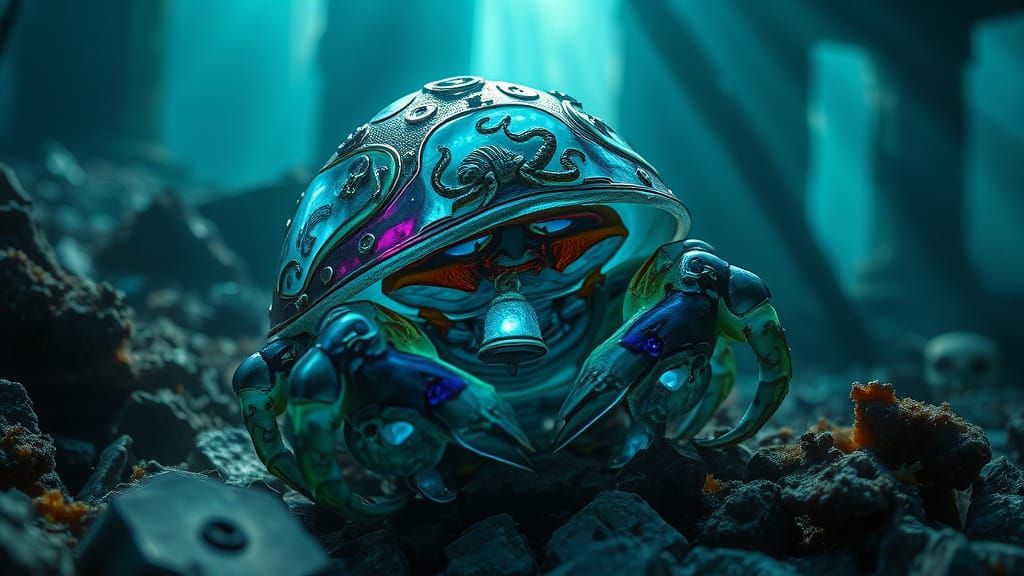 Bioluminescent Hermit Crab in Sunken City Ruins