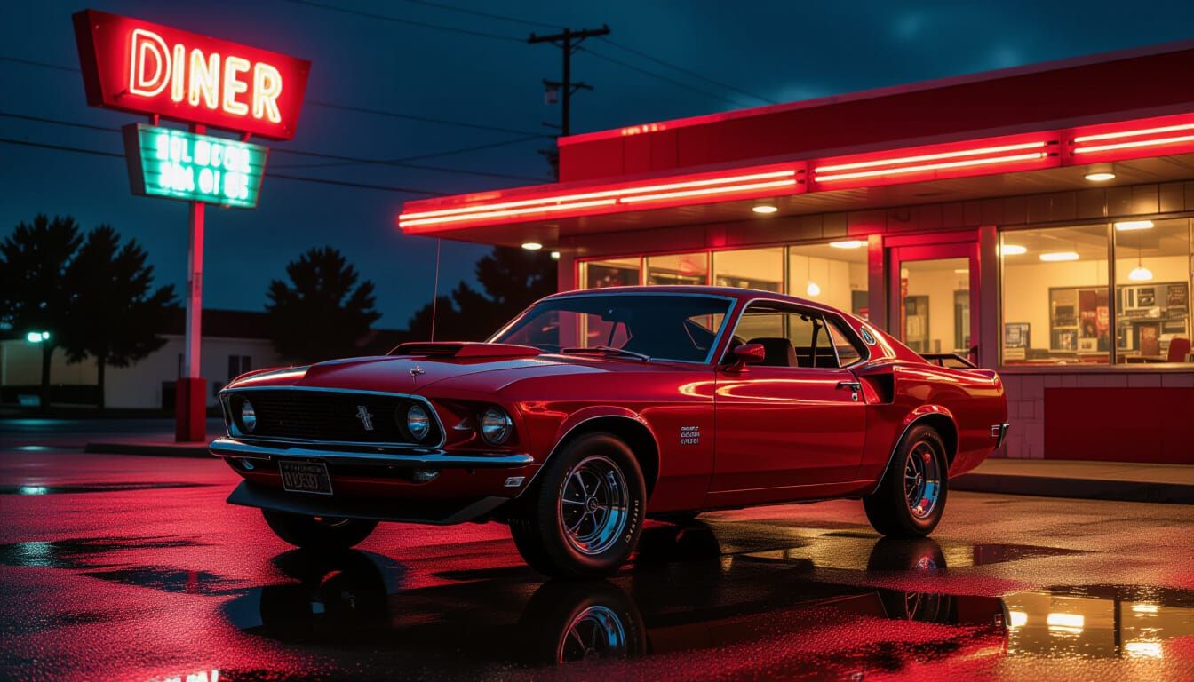 1969 Mustang at Neon Diner, 70s Crime Film Style