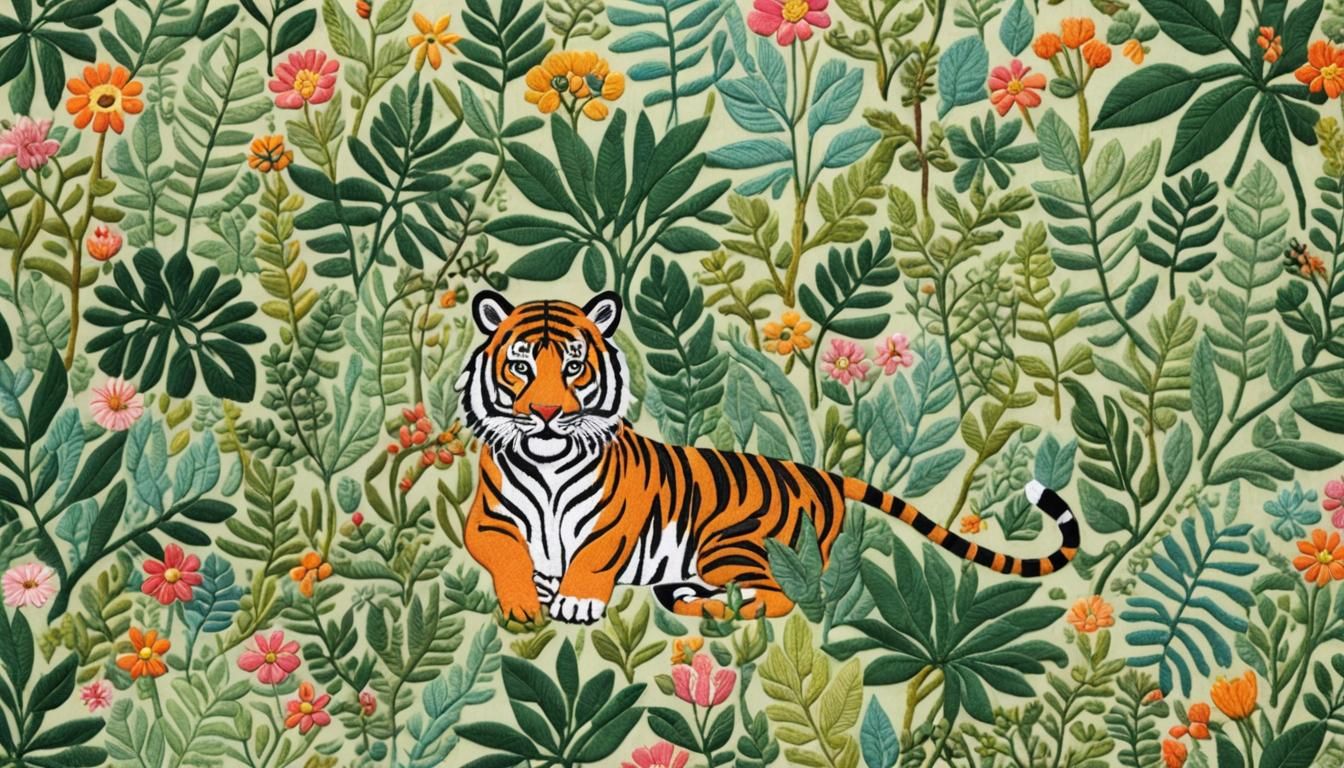 Playful Embroidered Bengal Tiger in Jungle Scene