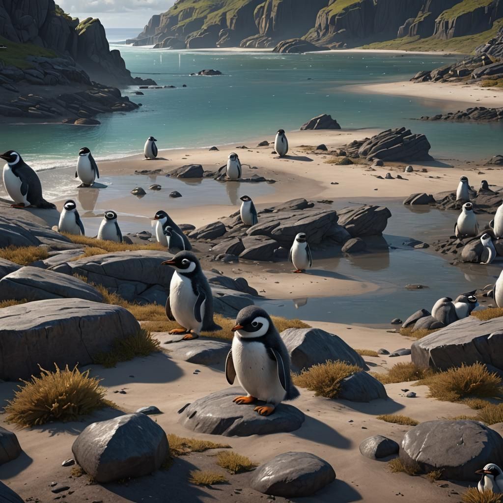 Lonely Penguin on Lost Island: Detailed Matte Painting
