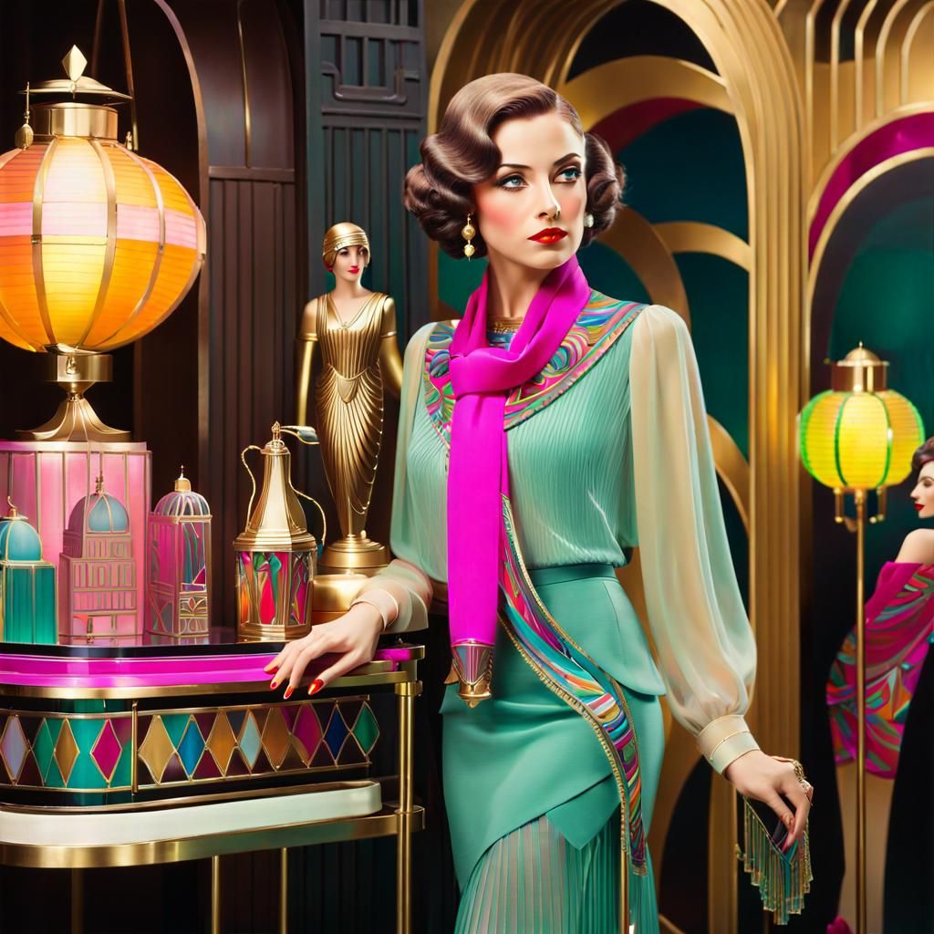 Art Deco Woman in Restaurant Oil Painting