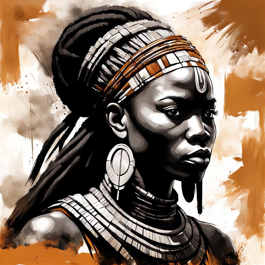 African Warrior Woman in Calligraphy Brush Style
