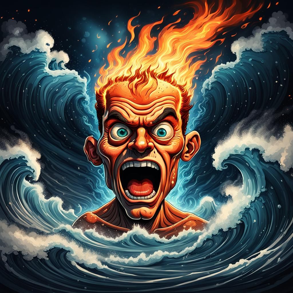 Fiery Delusional Caricature Escaping Reality