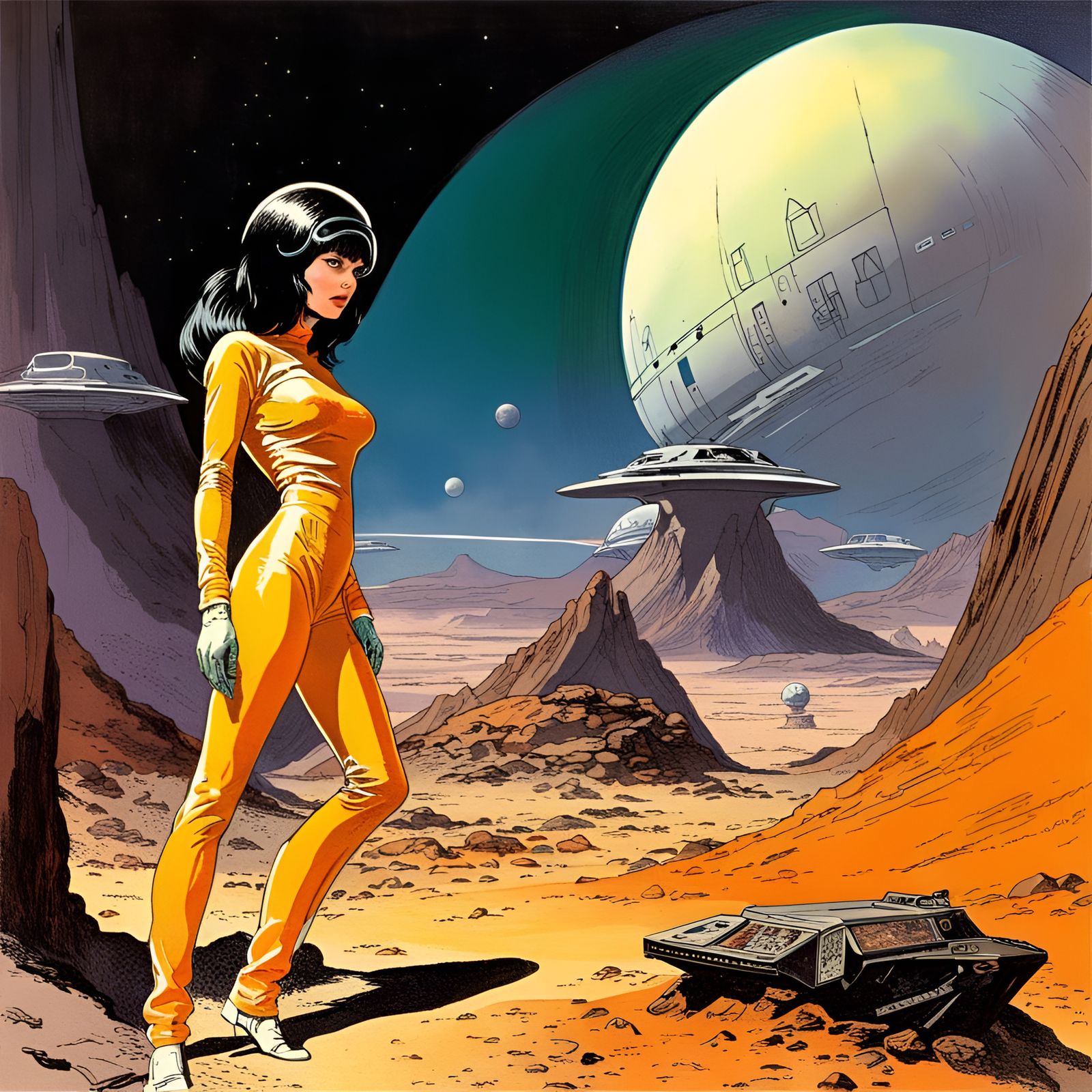 Astrogirl on Alien Planet in Retro Sci-Fi Style