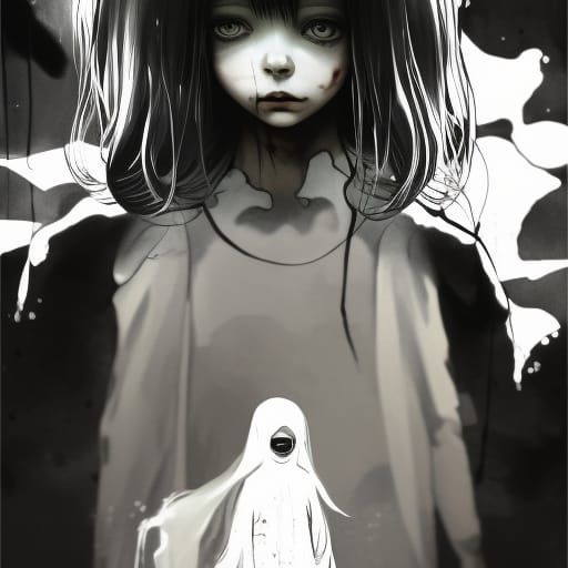 Sad Ghost Girl in Dark Room: Digital Illustration