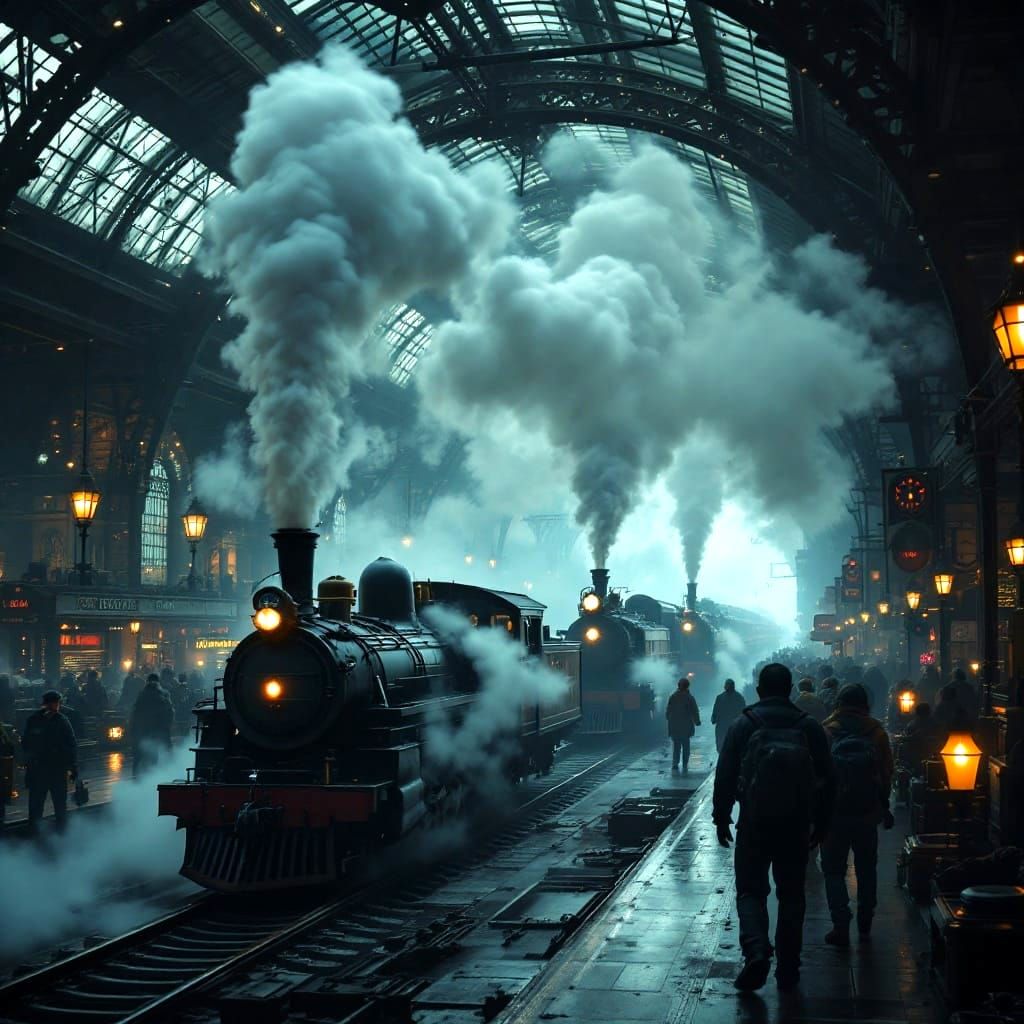 Dreamlike Steam Trains in Foggy Space