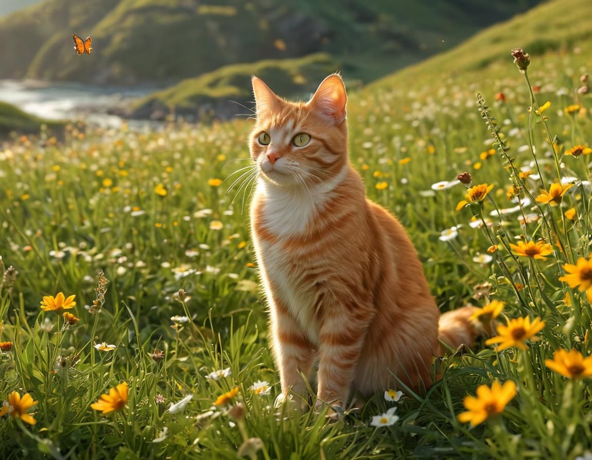 Ginger Tabby Cat in Wildflower Meadow, Hyper-Realistic Digit...